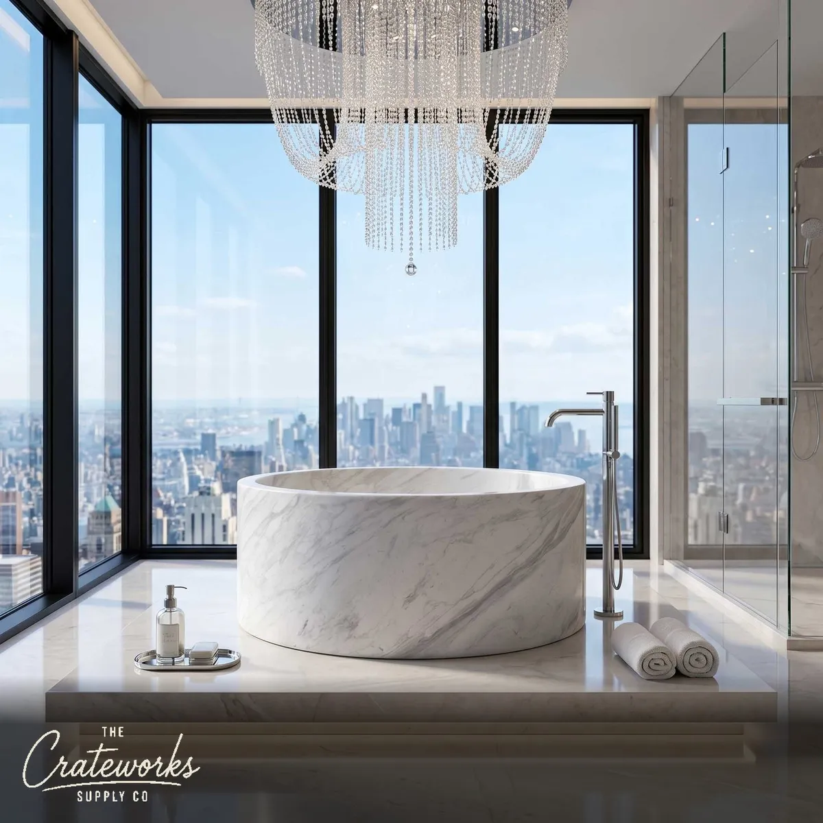Marble bathtub — Cylindrical freestanding design — 65 Inch Length — Volakas Marble