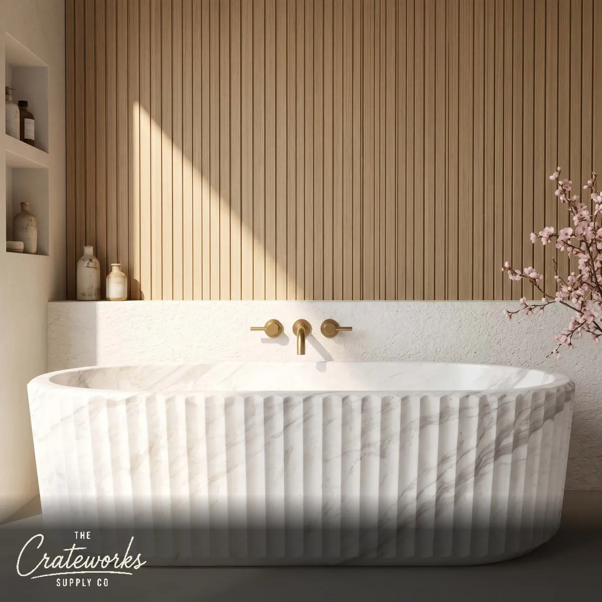Marble bathtub — Fluted oval design — 71 Inch Length — Volakas Marble