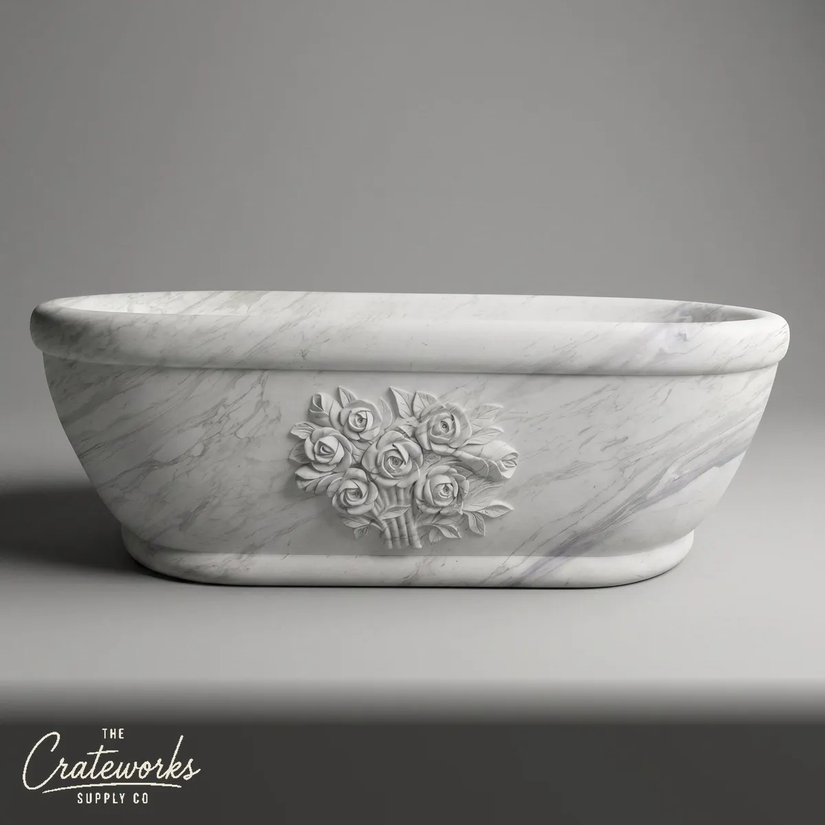 Marble bathtub — Hand-carved floral relief — 70.87 Inch L — Volakas Marble