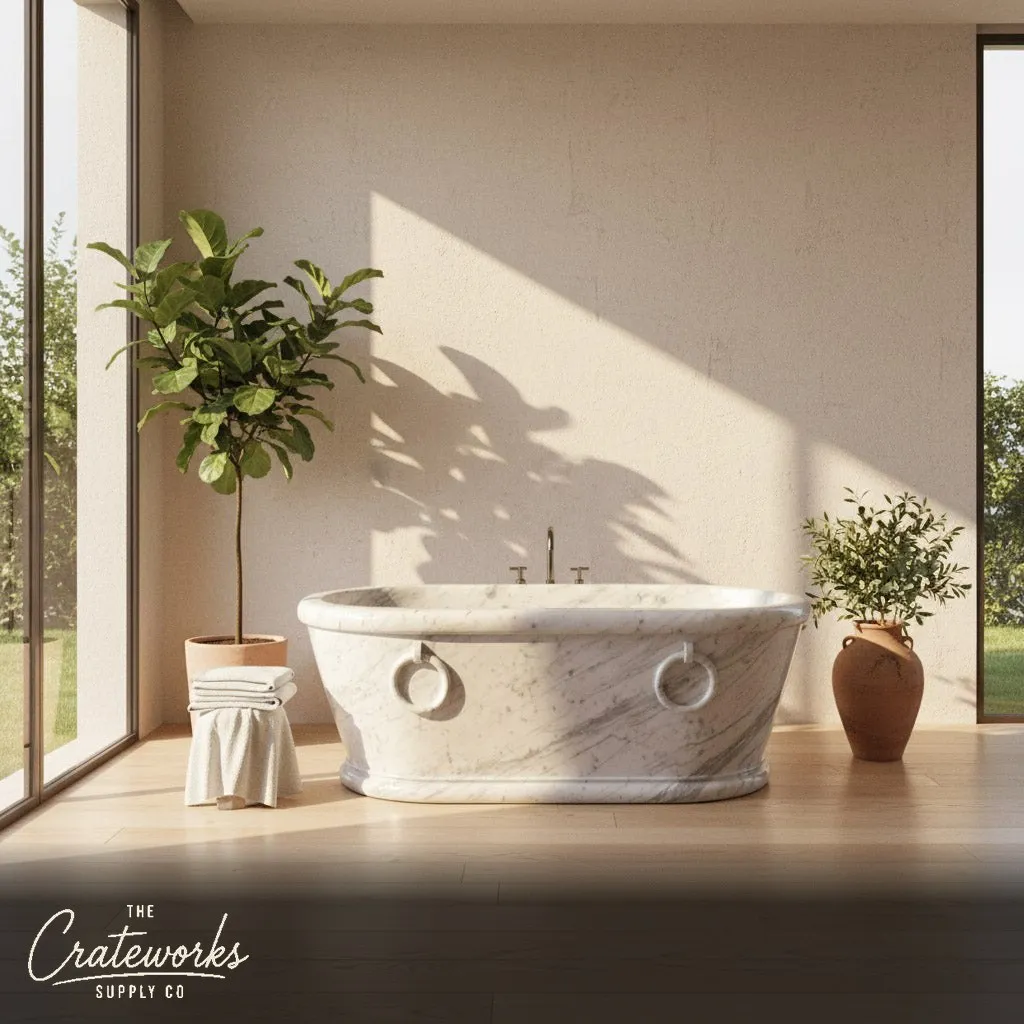 Marble bathtub — Carved Ring Handles — 70.87" Length — Carrara White