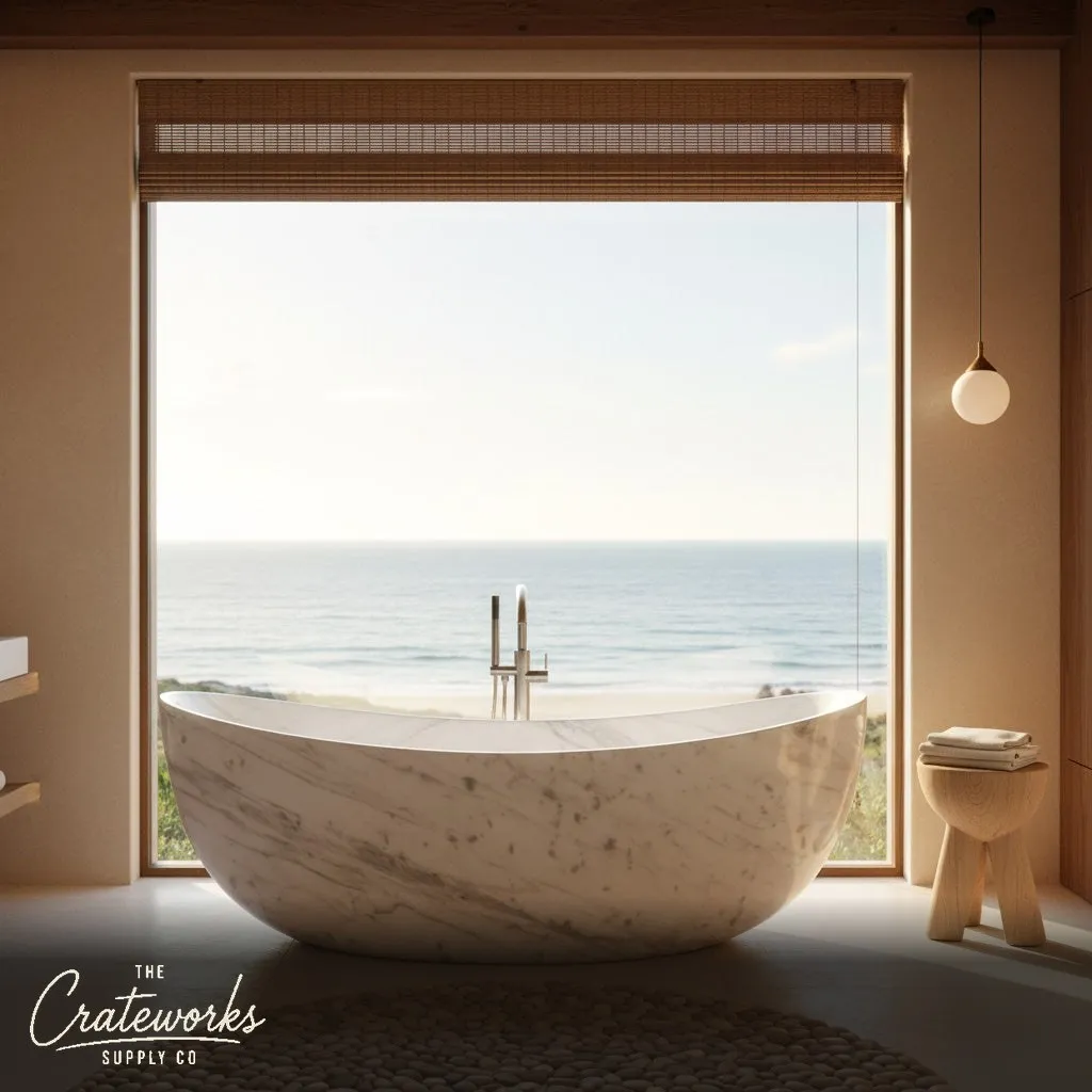 Marble bathtub — Curved double-ended vessel — 71 Inch Length — Carrara White