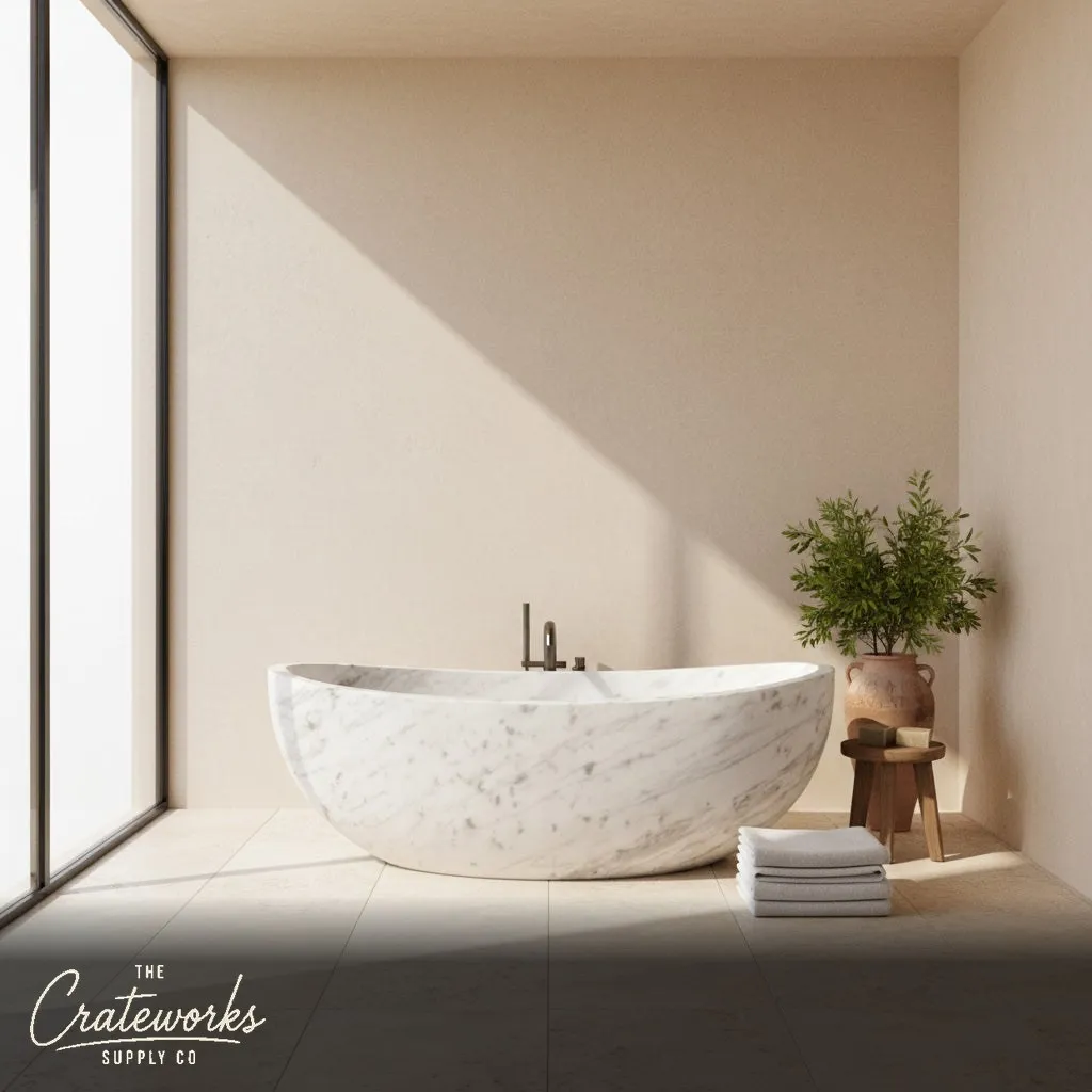 Marble bathtub — Curved freestanding design — 70.9 Inch Length — Carrara White