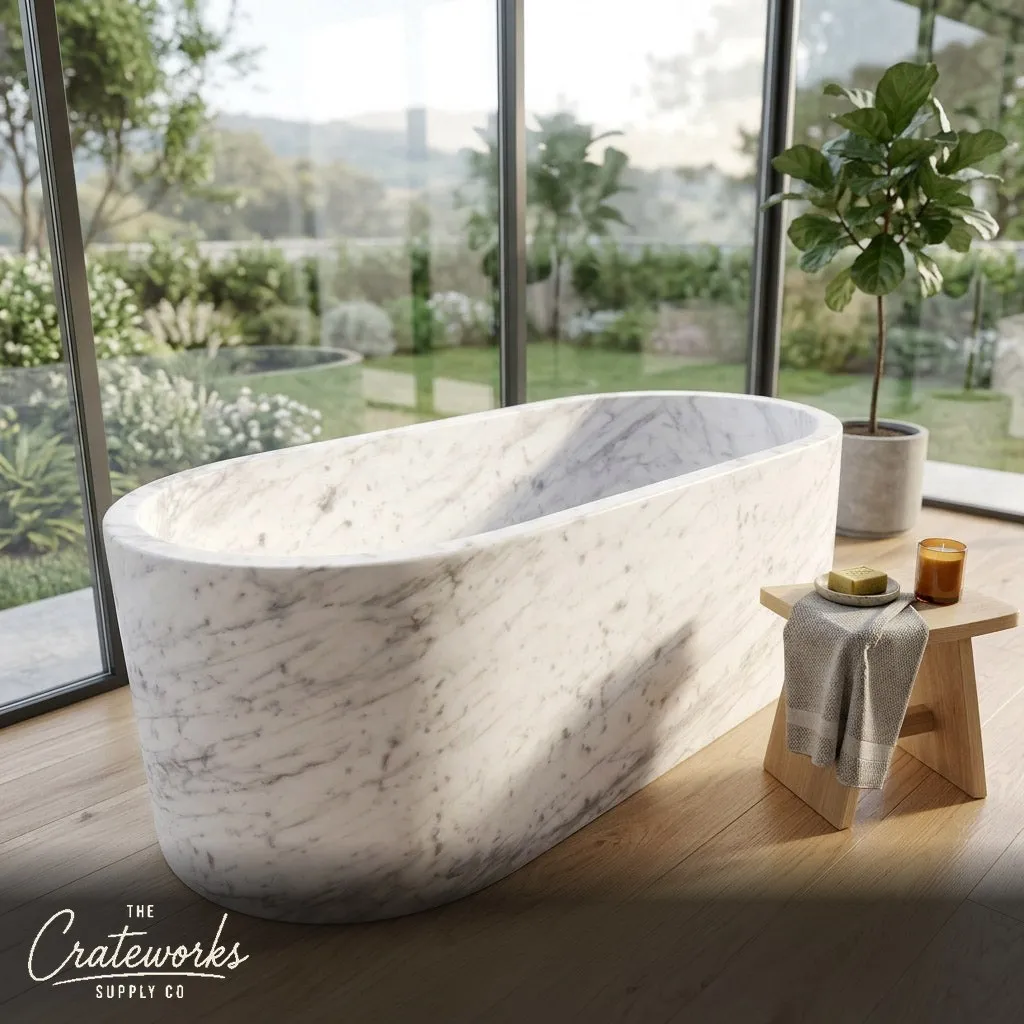 Marble bathtub — Freestanding oval design — 71 Inch Length — Carrara White