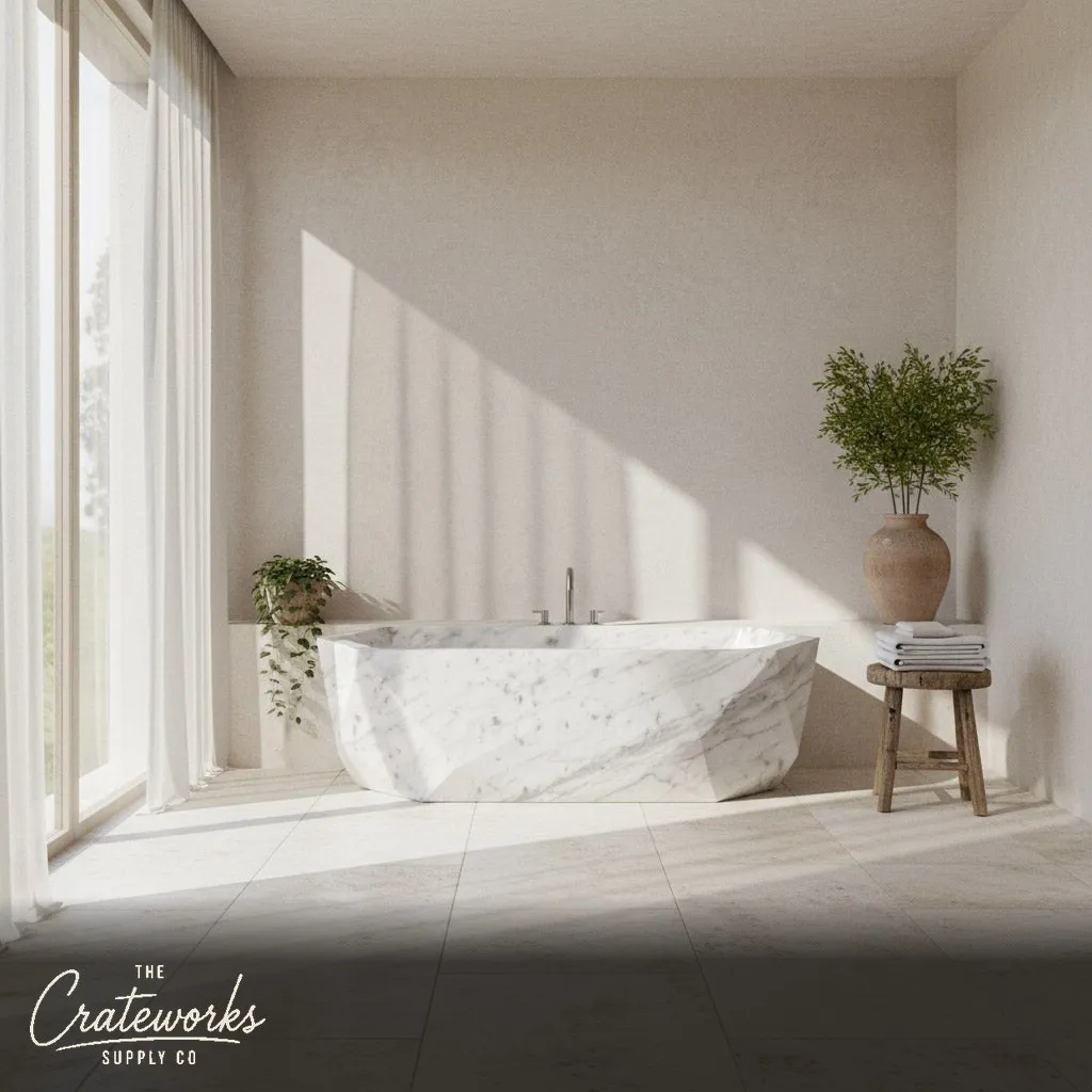 Marble bathtub — Geometric faceted design — 71" Length — Carrara White