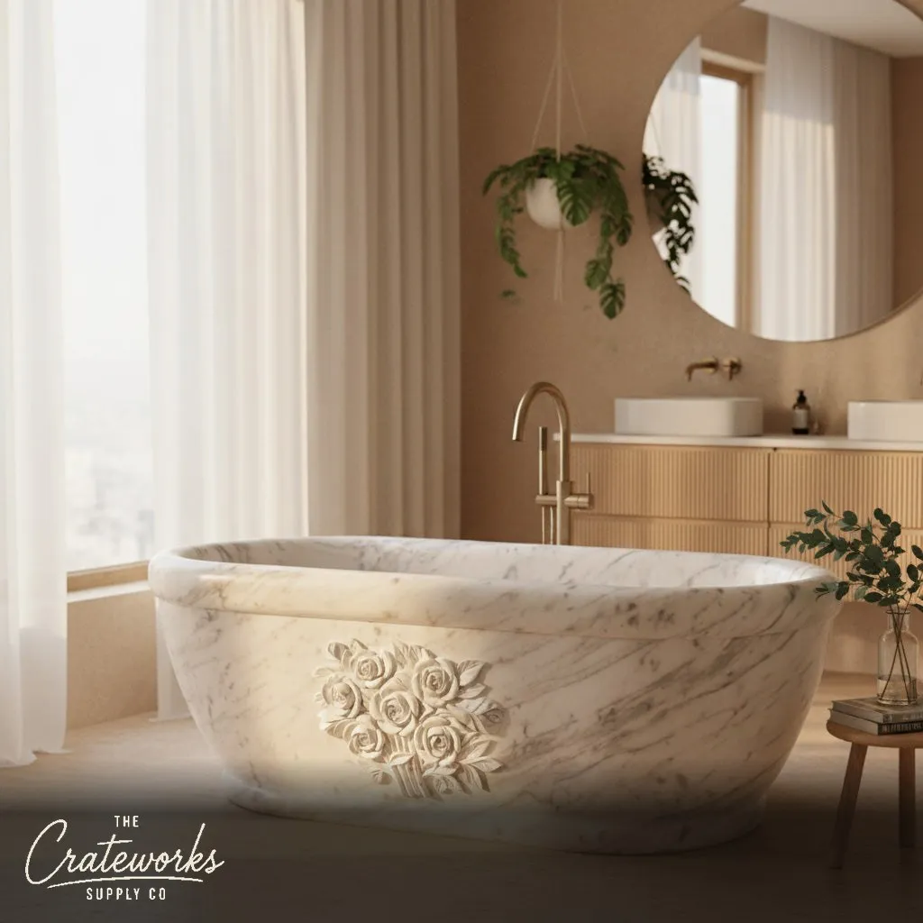 Marble bathtub — Hand-carved rose relief — 71" Length — Carrara White