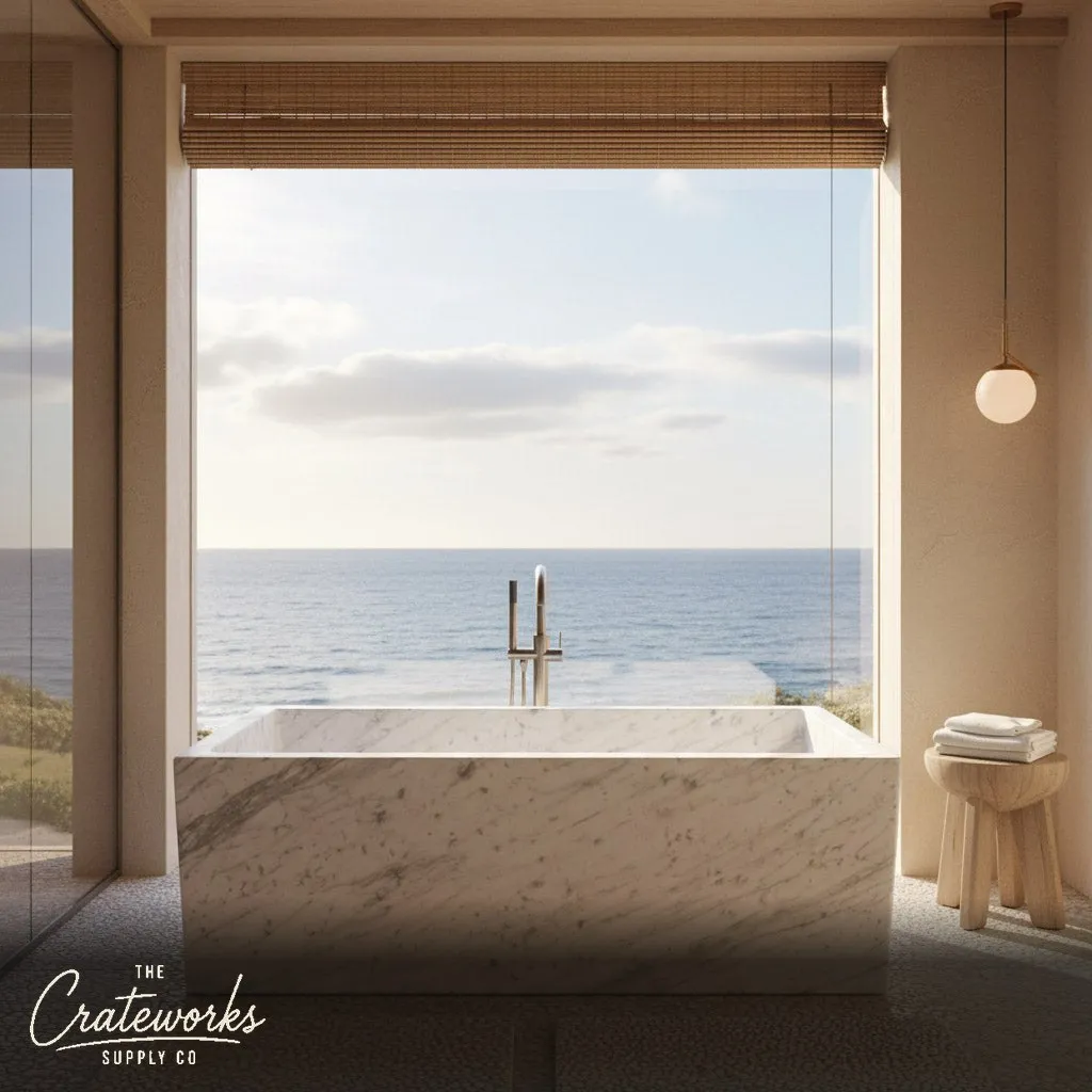 Marble bathtub — Rectangular freestanding design — Length: 70.87 inches — Carrara White