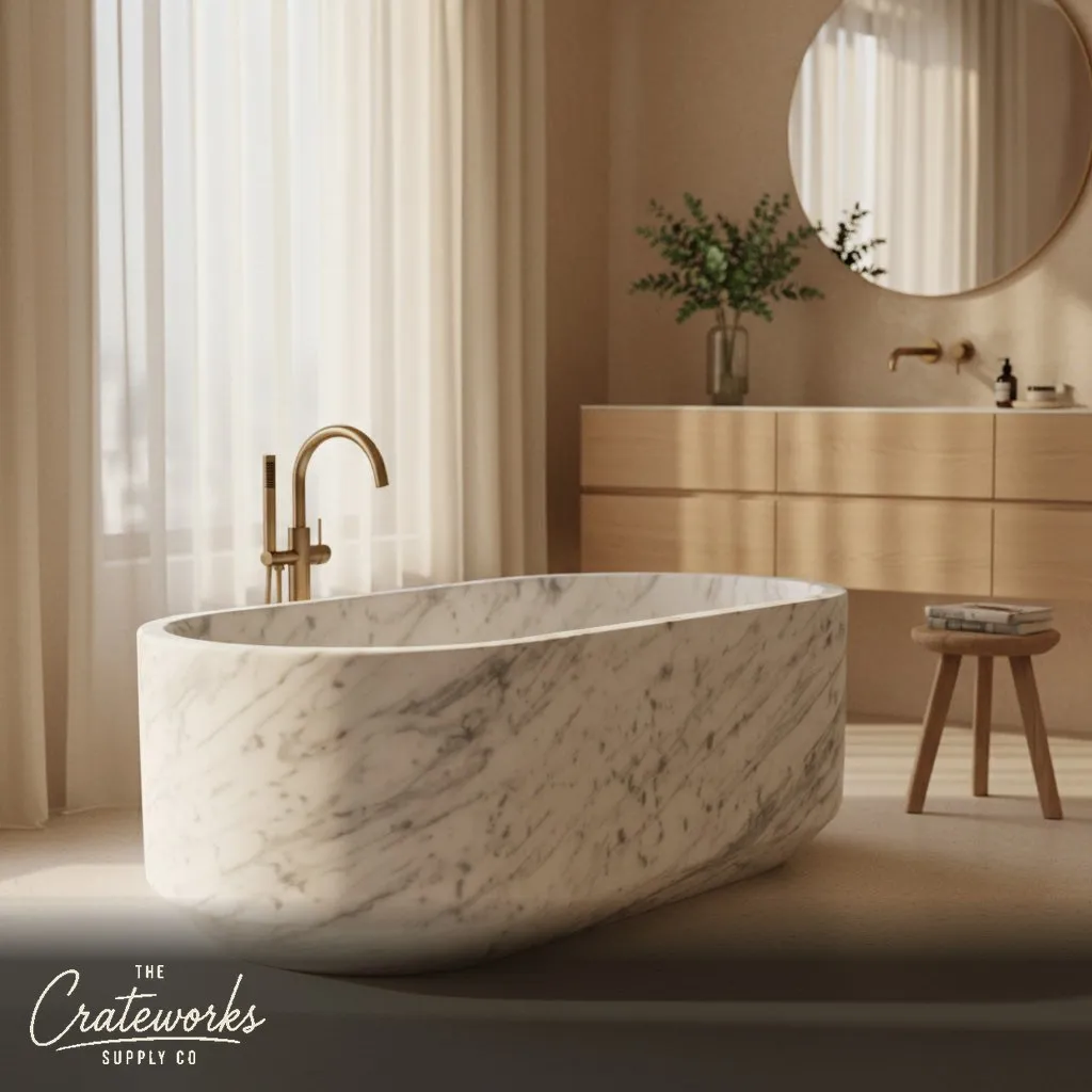 Marble bathtub — freestanding oval shape — 71 Inch Length — Carrara White