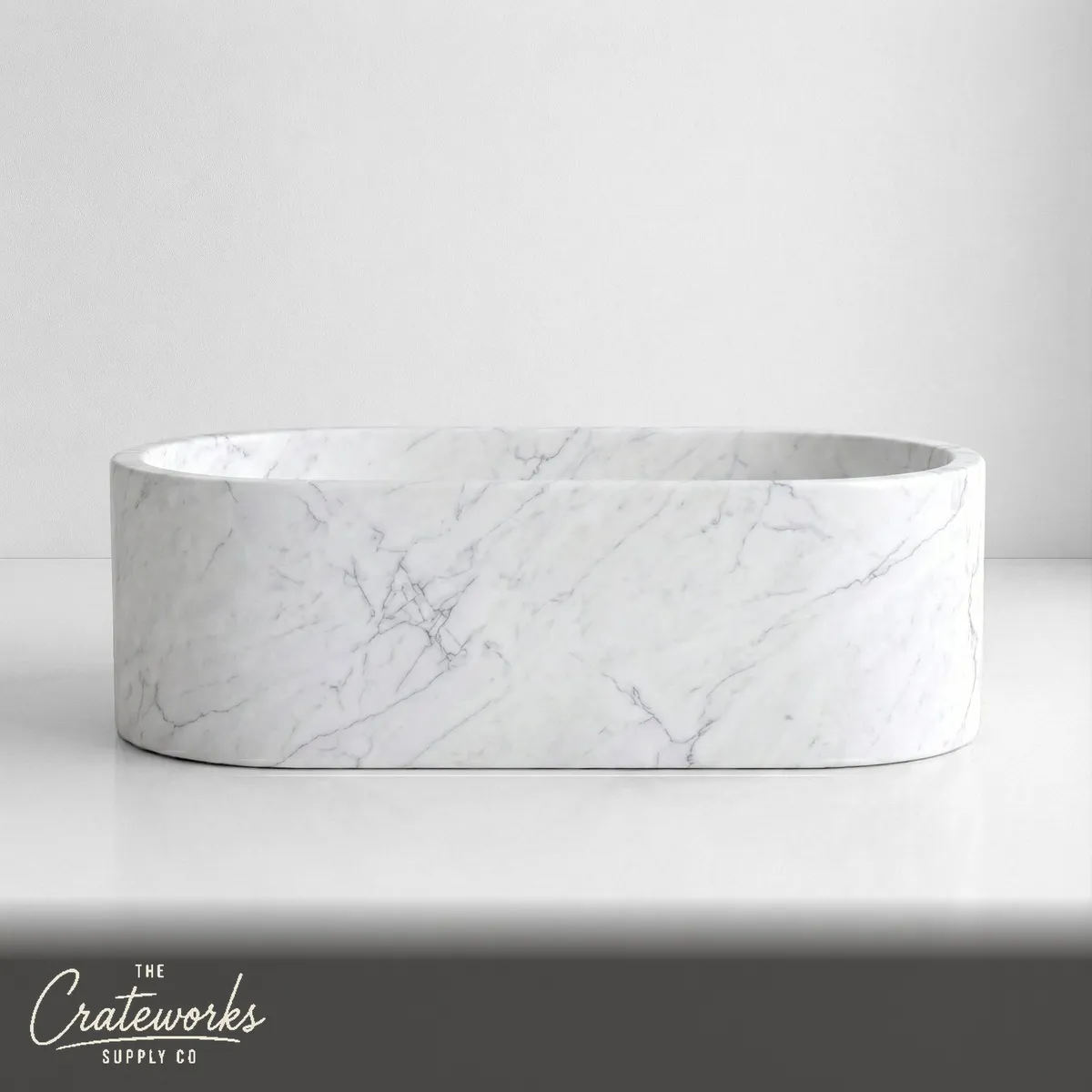 White Carrara Marble Freestanding Bathtub - Elliptical