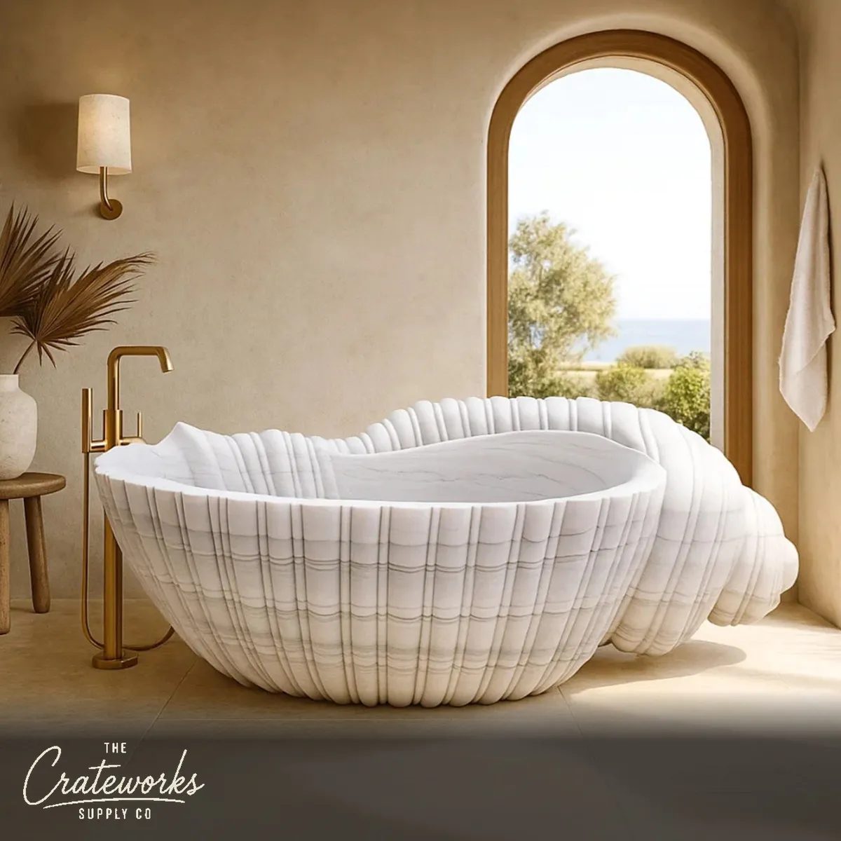 White Marble Bathtub – Conch Design, Hand-Carved, In Stock