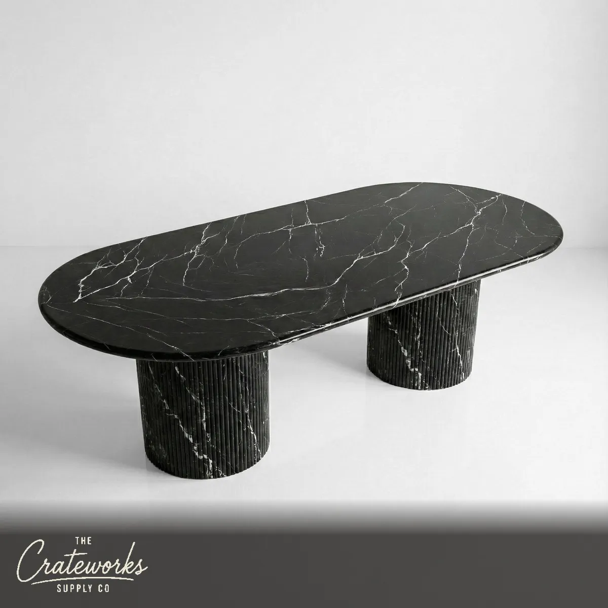 Nero Marquina Marble Oval Dining Table - Fluted