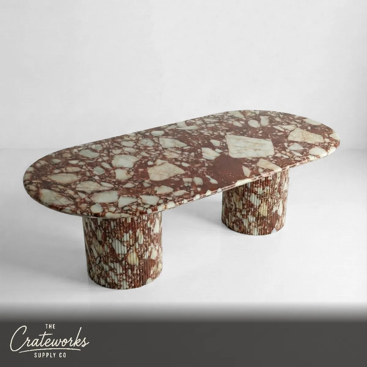 Red Bulgari Marble Oval Dining Table - Fluted