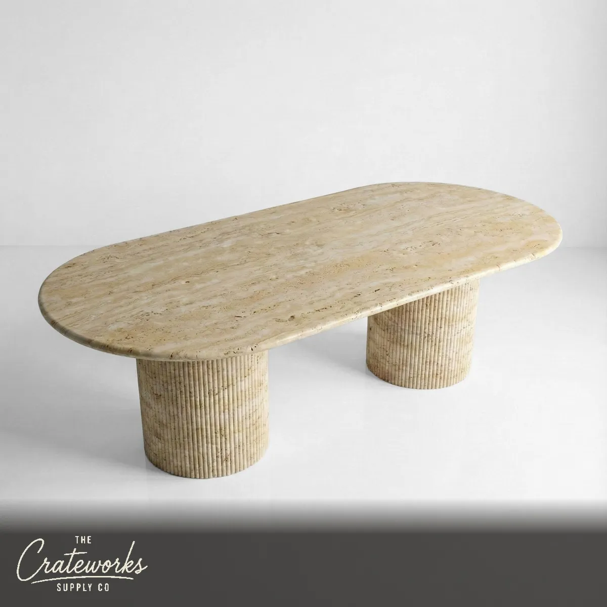 Beige Travertine Oval Dining Table - Fluted