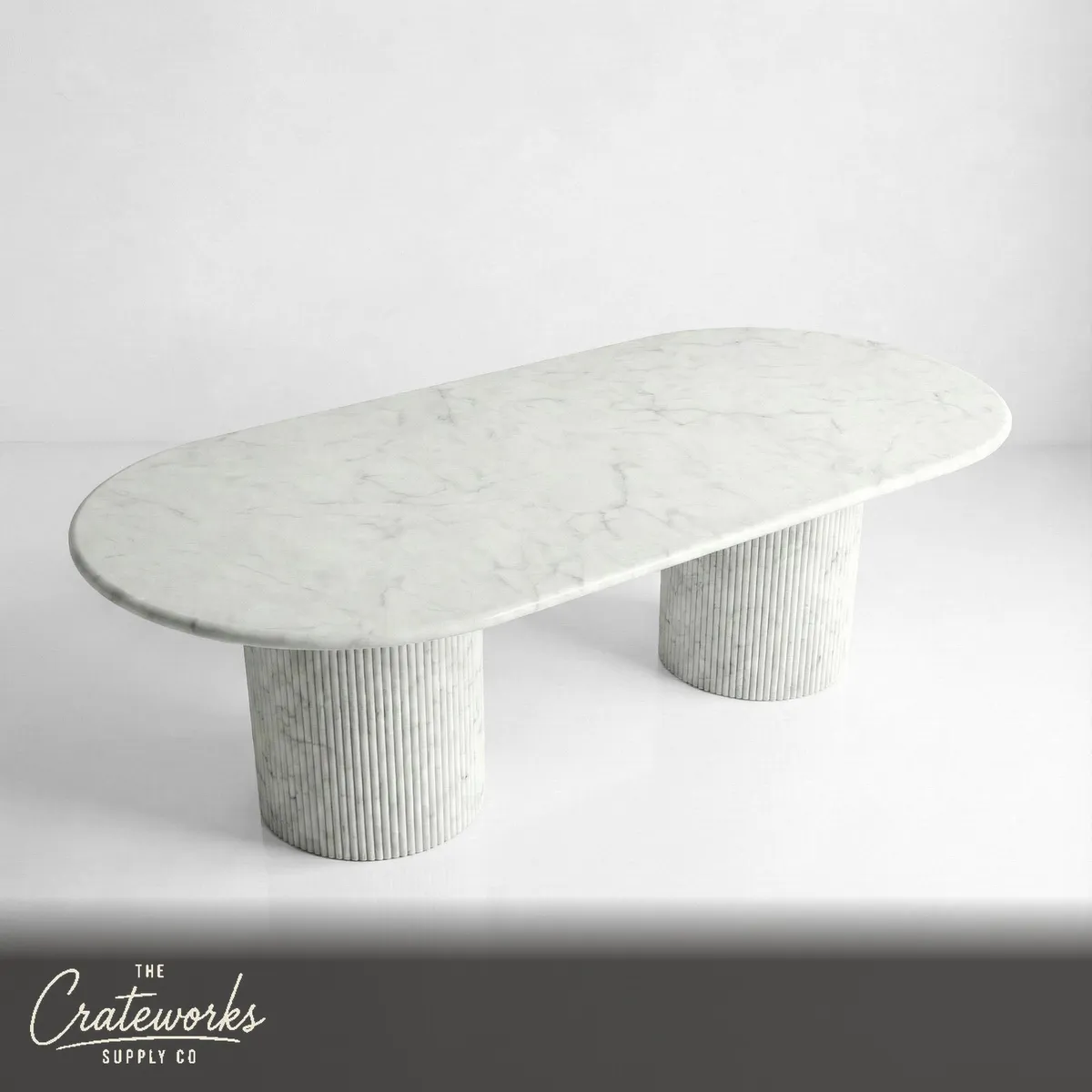 White Carrara Marble Oval Dining Table - Fluted