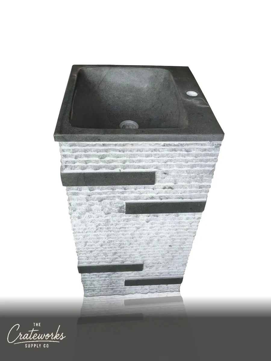 Black Limestone Pedestal Sink Stacked With Inlays 32" Tall