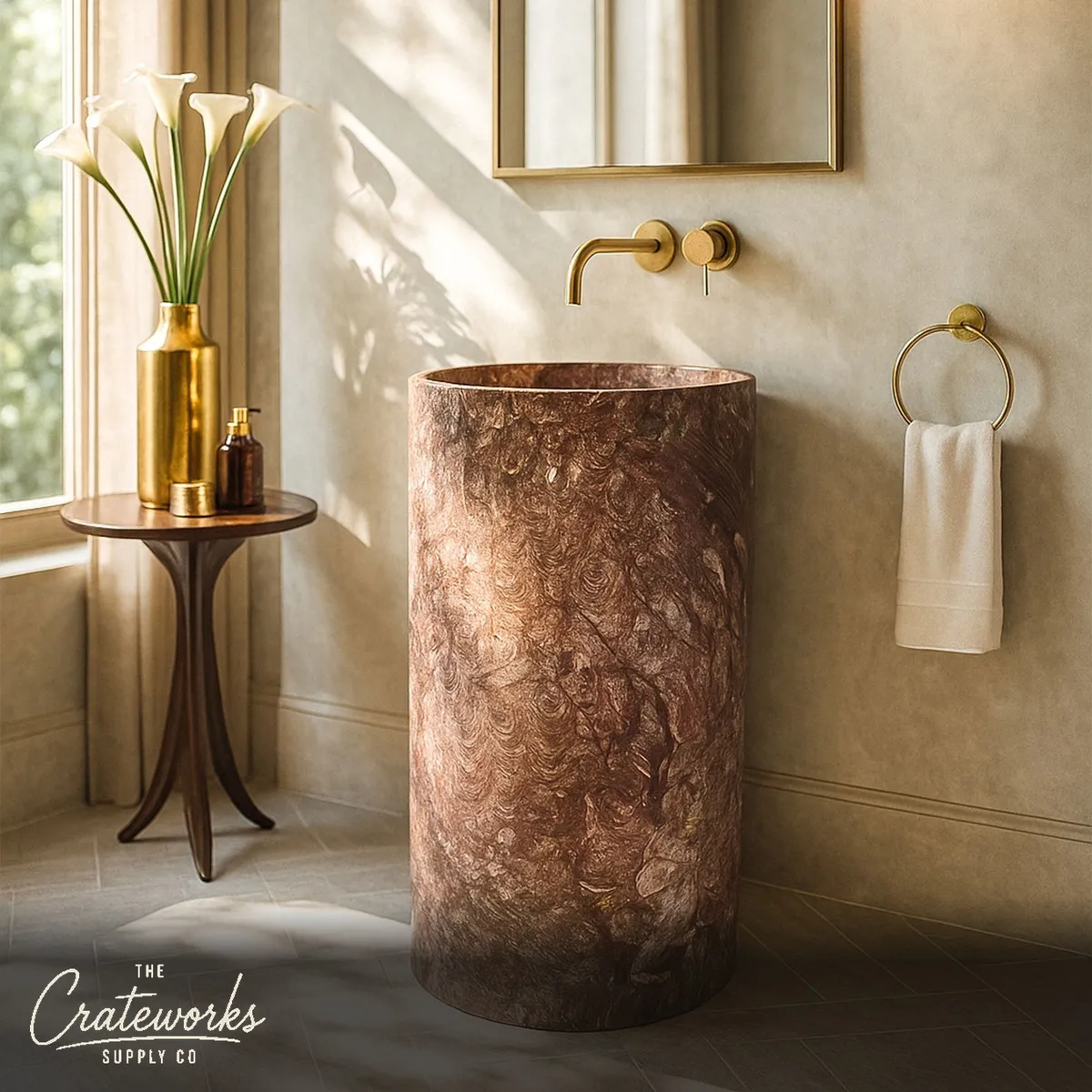 Red Marble Pedestal Sink French Rose (16.54" by 16.54" by 33.46")