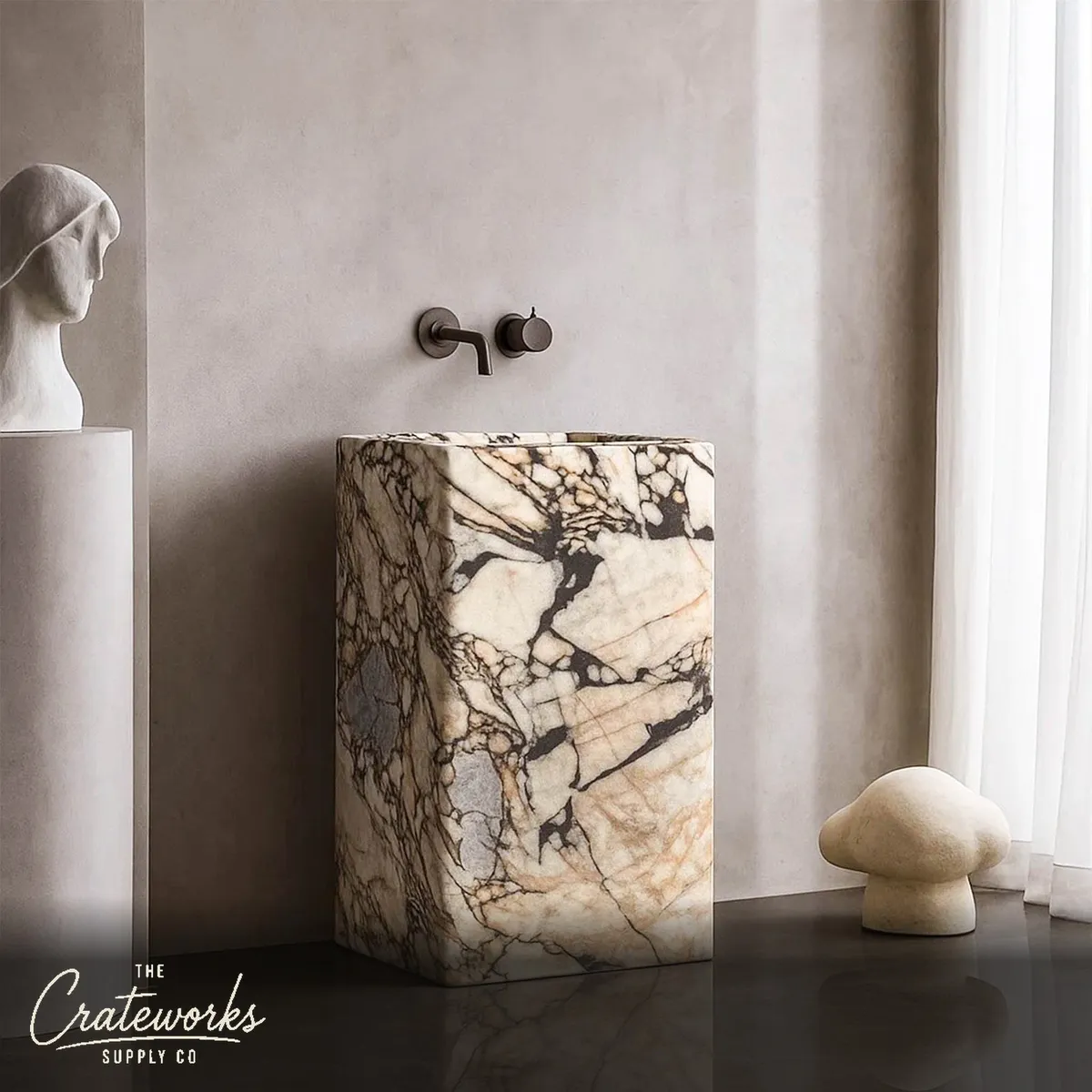 Designer Pedestal Sink — Italian Valgri White Marble 33.46" Tall