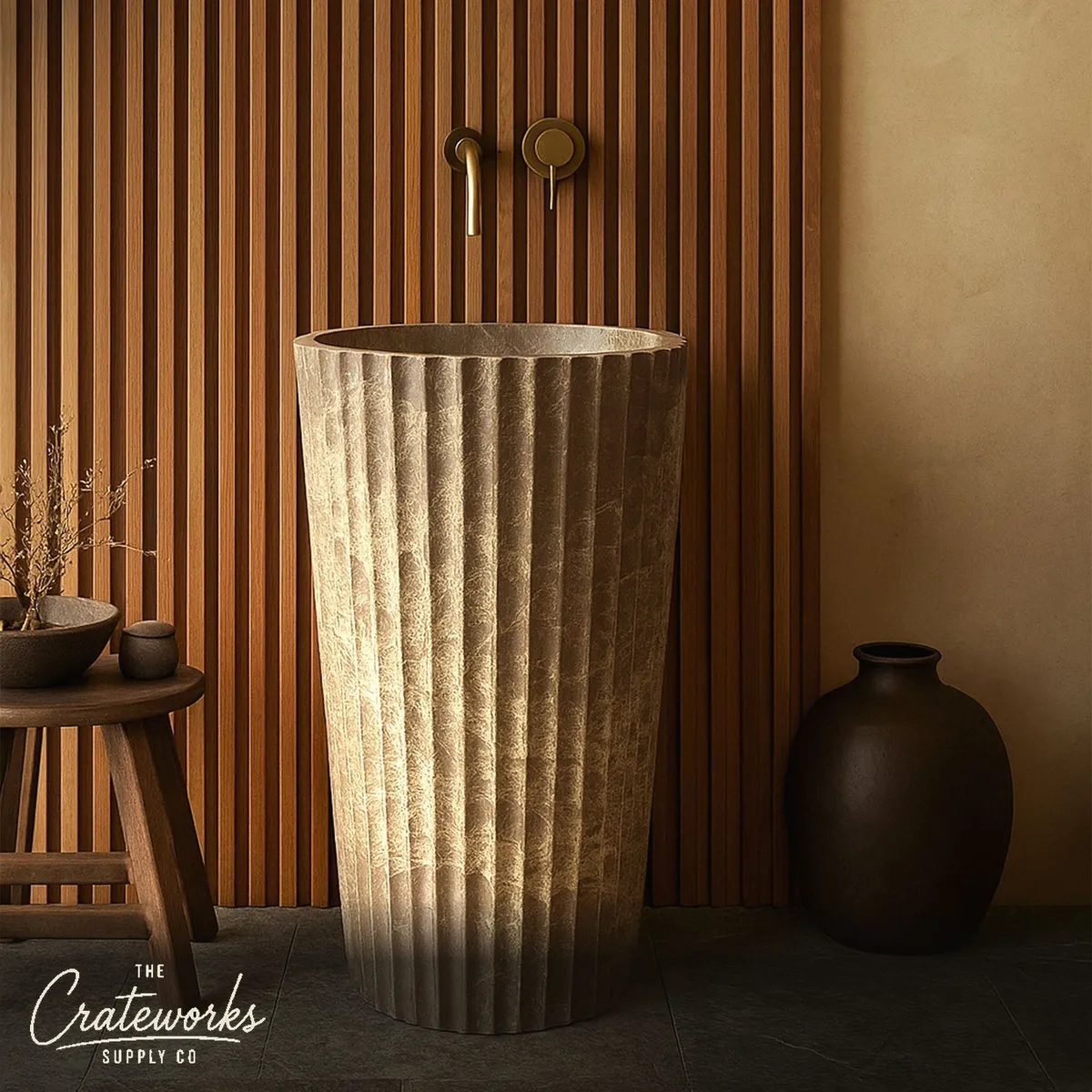 Fluted Marble Pedestal Sink Light Emperador (16.14" by 16.14" by 33.46")