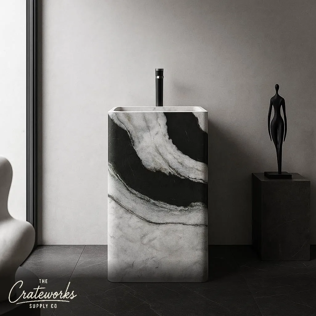 Unique Modern Pedestal Sink — Panda White Marble 33.46" Tall