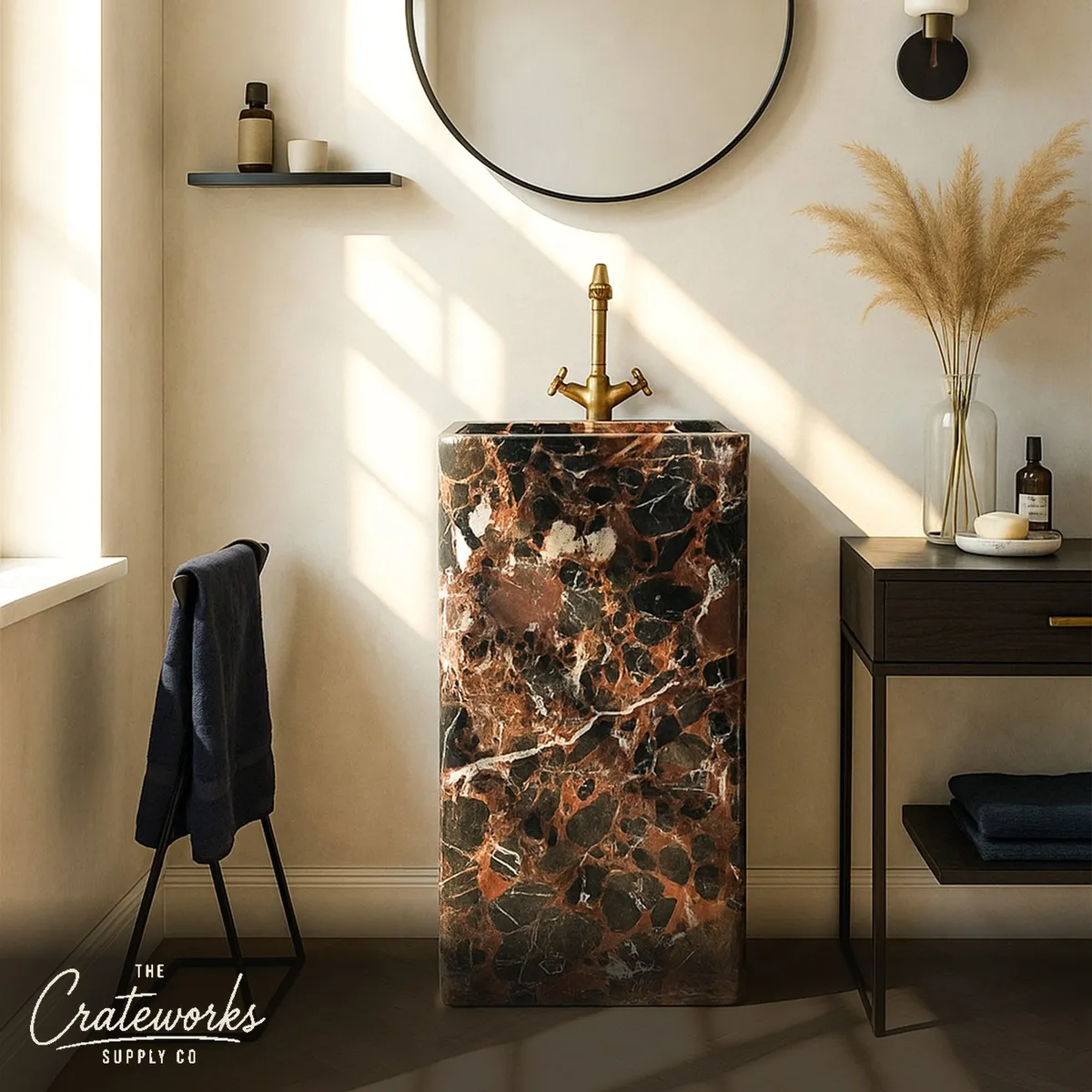 Unique Rosso Lepanto Marble Pedestal Sink (17.72" by 14.96" by 33.46")