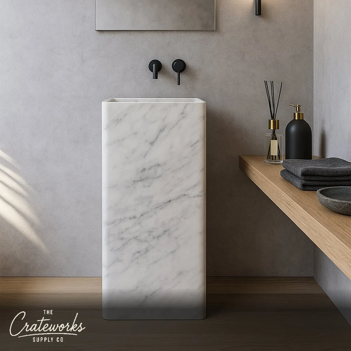 Modern pedestal marble sink made from Carrara White Marble