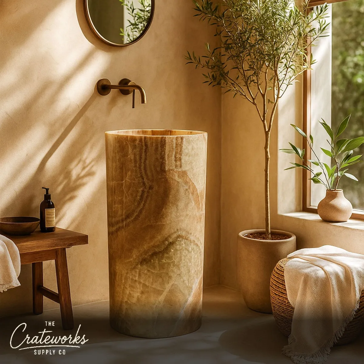 Yellow Onyx Pedestal Sink (15.75" by 15.75" by 33.07")