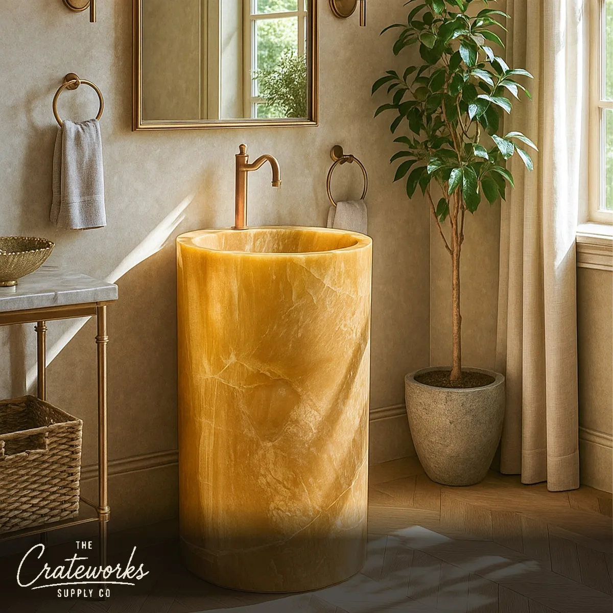 Yellow Onyx Pedestal Sink (16.93" by 16.93" by 32.28")