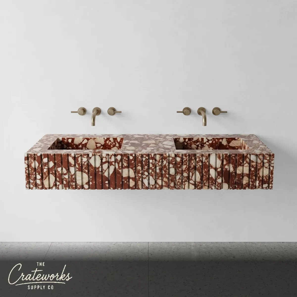 Red Bulgari Marble Double Sink - Fluted
