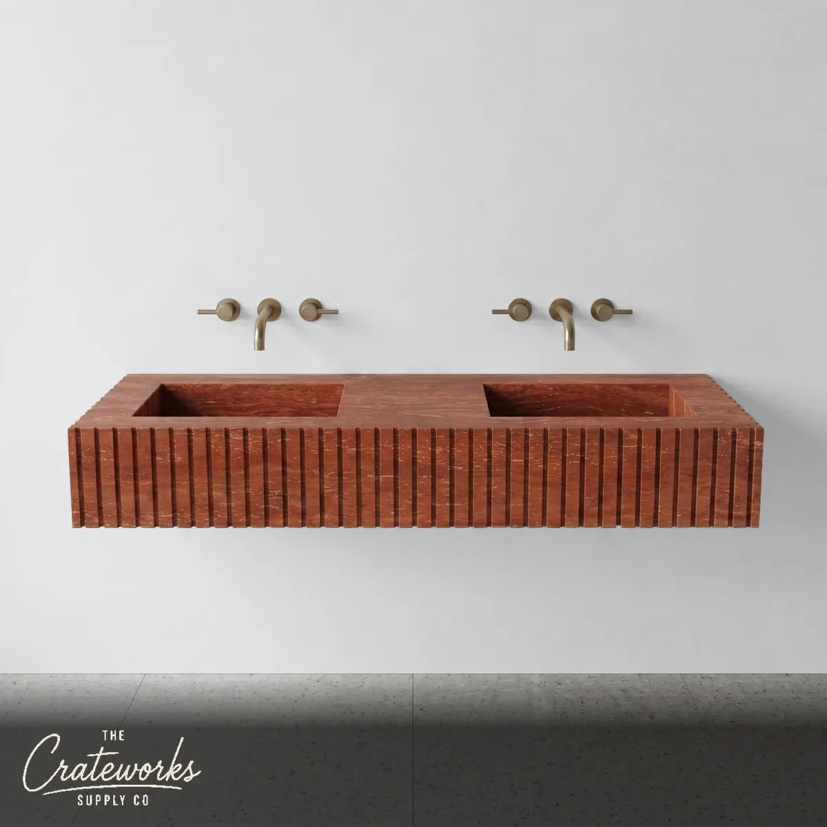 Red Travertine Double Sink - Fluted