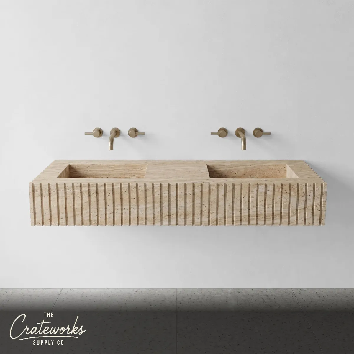 Beige Travertine Double Sink - Fluted