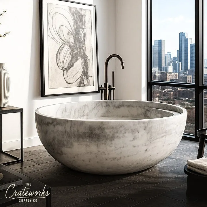 White Marble Bathtub with Ergonomic Curve and Headrest for Ultimate Comfort