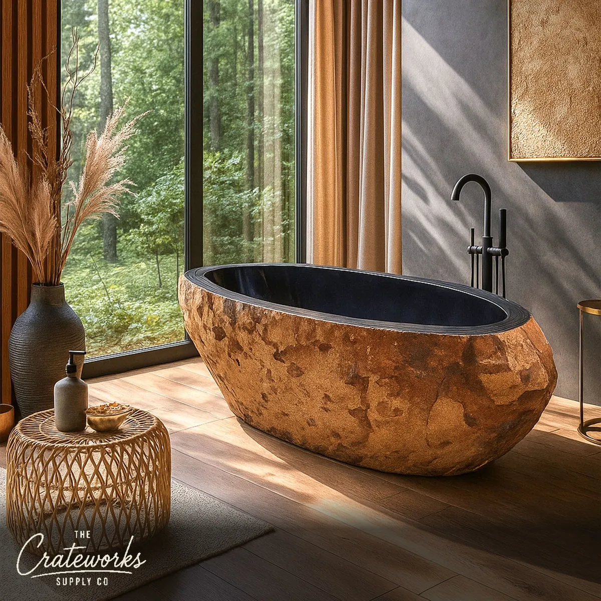 Stone bathtub River rock tub with rustic natural outside and polished inside