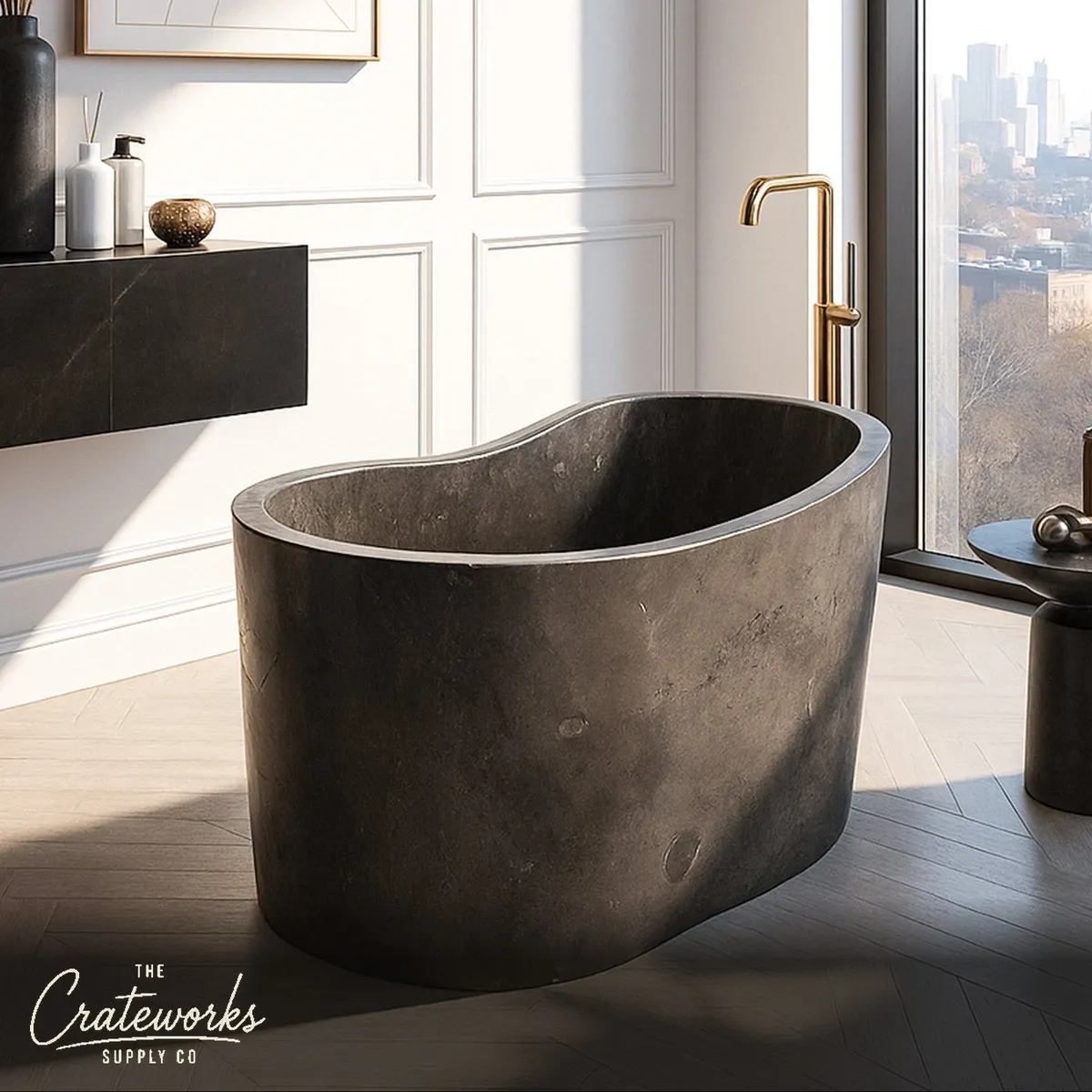 Japanese soaking tub hand-carved from One Piece black marble with built-in Seat