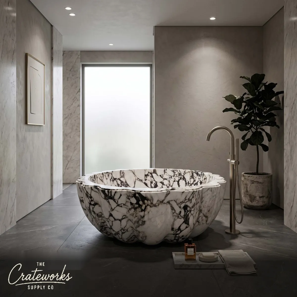 Stone bathtub in Hand-Carved Calacatta Monet Marble