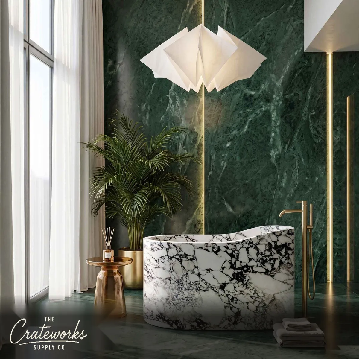 Stone freestanding tub in Exquisite Calacatta Monet Marble