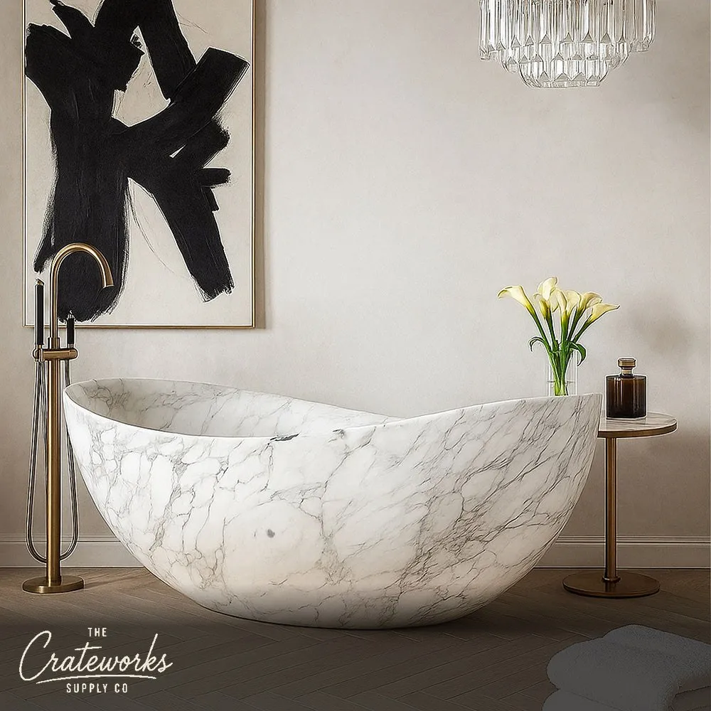 White Marble Bathtub of Calacatta Marble: Papillon Design Large Stone Tub for Two