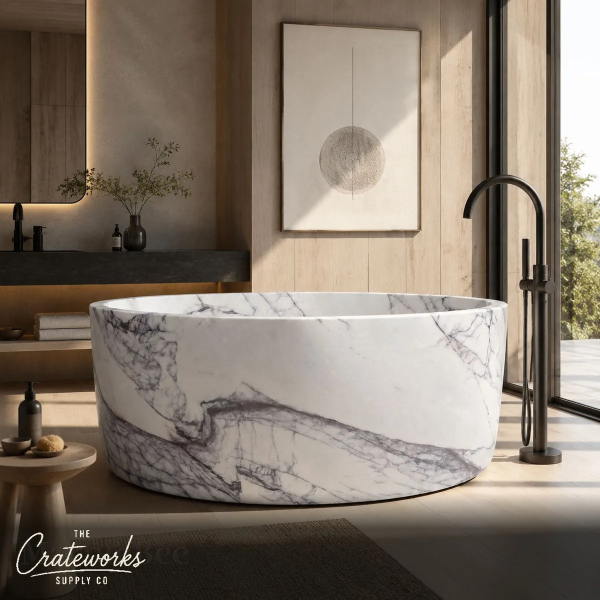 Stone freestanding tub in Exquisite Milas Lilac Marble