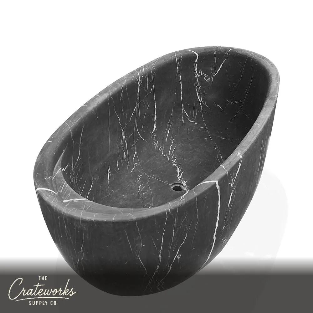 Black Marble Tub with Headrest and Cup Holder Perfect for Red Wine and Ultimate Relaxation