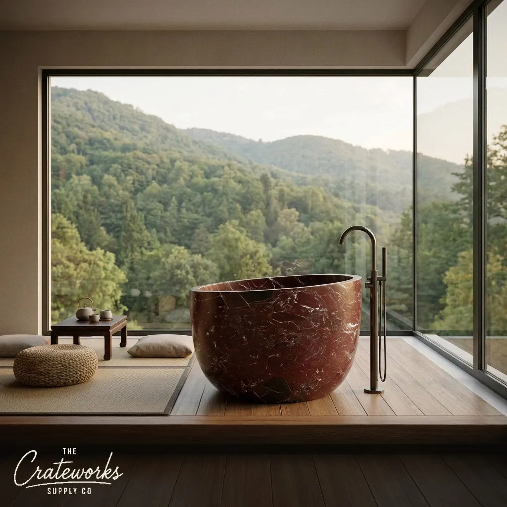 Opulent Rosso Lepanto Marble Soaking Tub — Freestanding Design