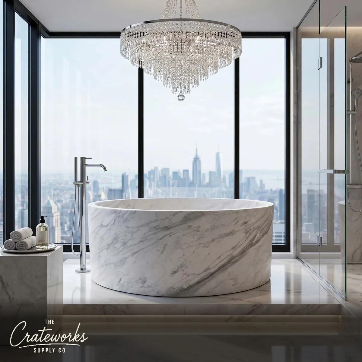 Marble bathtub — Round Deep Basin — Width 59 Inch — Volakas Marble
