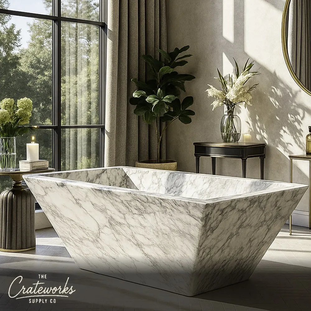 Marble Bathtub hand-carved from white Carrara Marble - Ergonomic Slope for Ultimate Comfort and Style