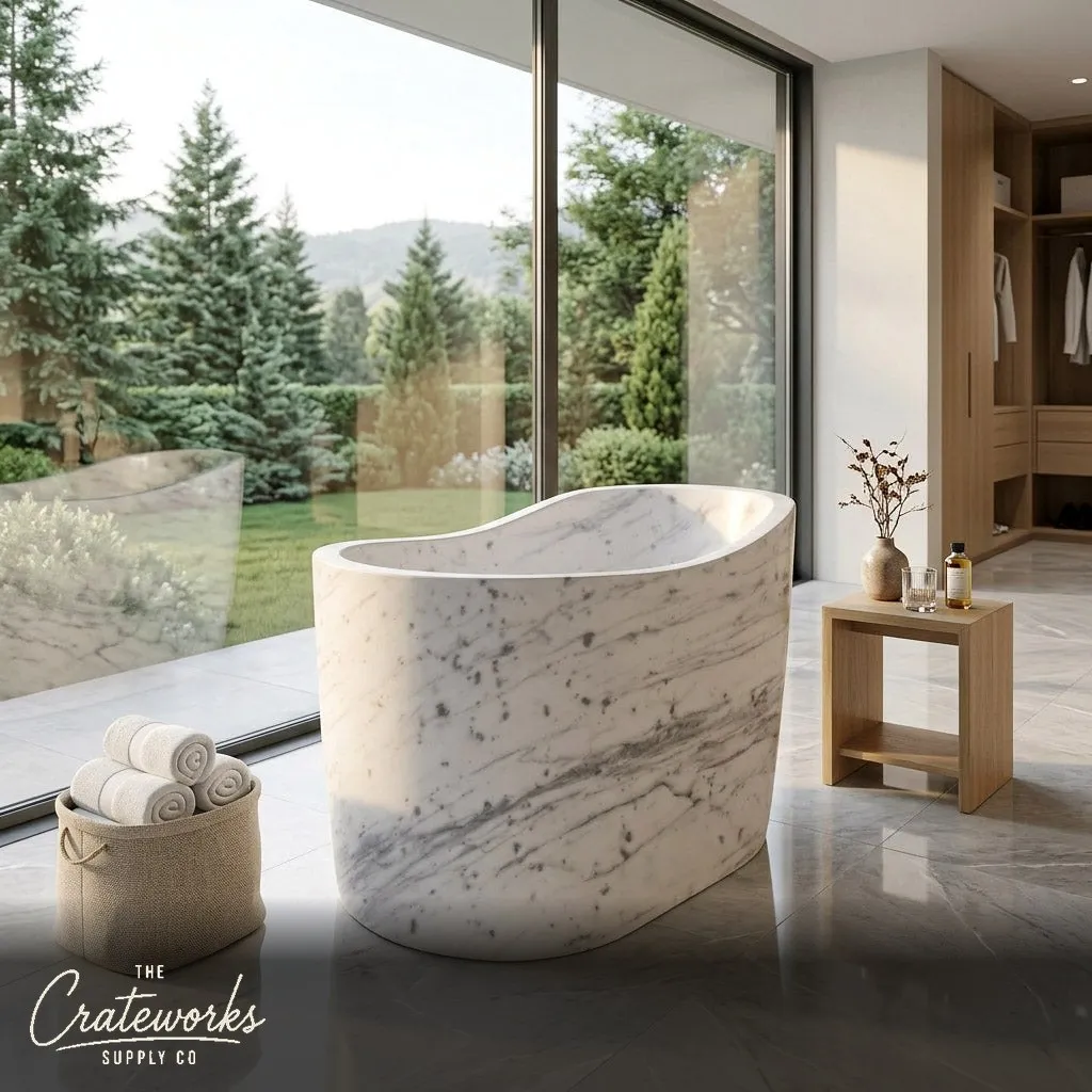 Marble bathtub — Asymmetric curved rim — 47.24 Inch Length — Carrara White