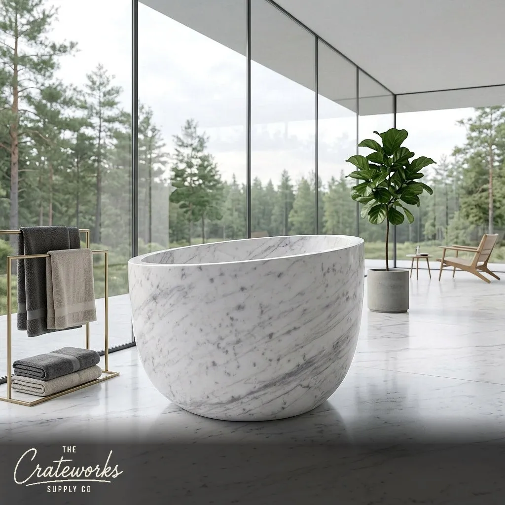 Marble bathtub — Deep freestanding bowl — 47 Inch Length — Carrara White