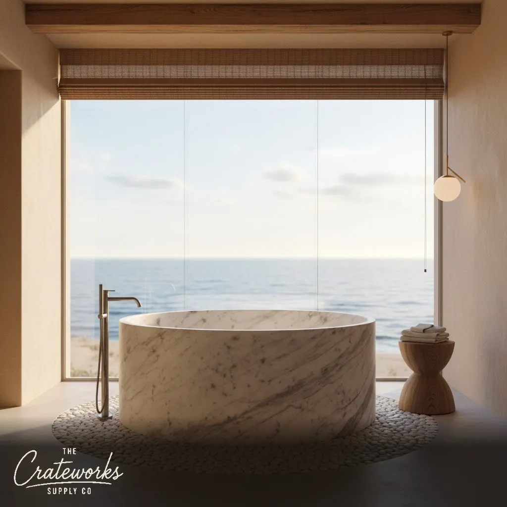 Marble bathtub — Round minimalist design — 59 Inch Length — Carrara White