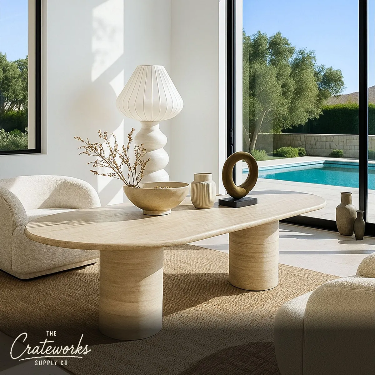 Marble Dining Table Set For 6 Beige Travertine