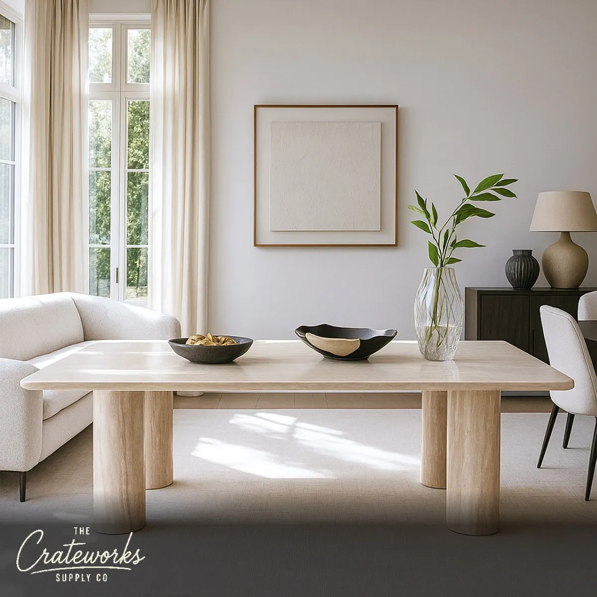 Marble Dining Table Set For 8 Beige Travertine