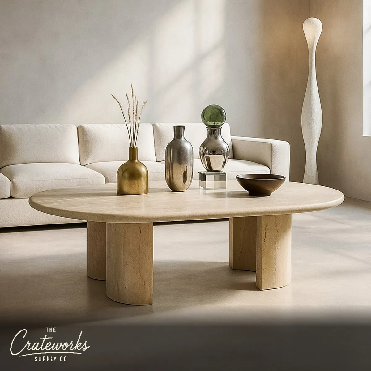 Oval Marble Dining Table Beige Travertine Instock with Free Delivery