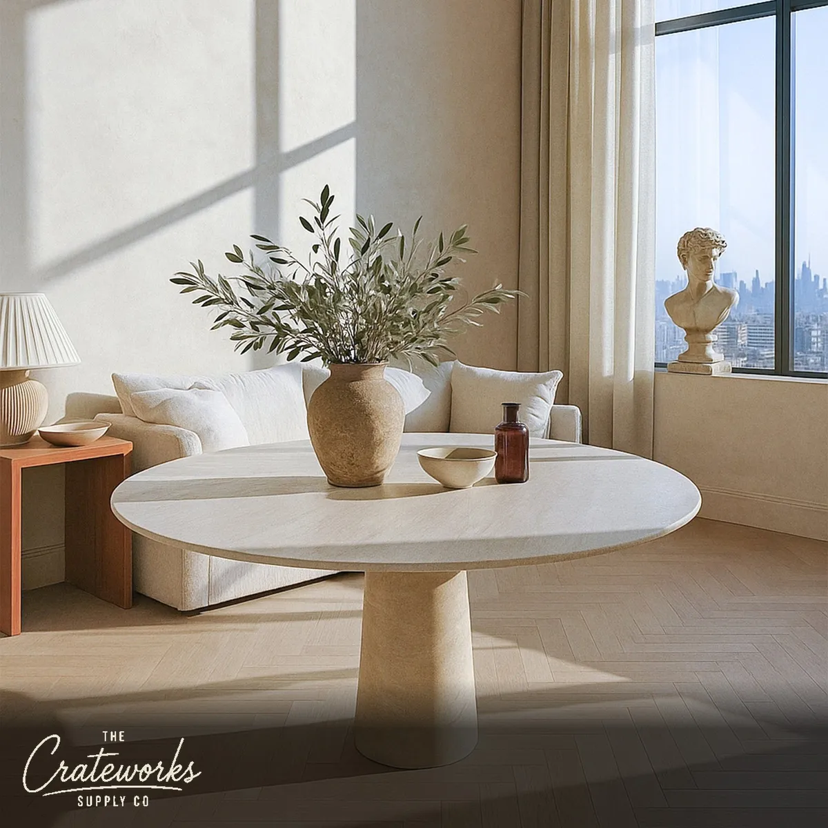 Round Marble Table Beige Travertine Instock with Free Delivery