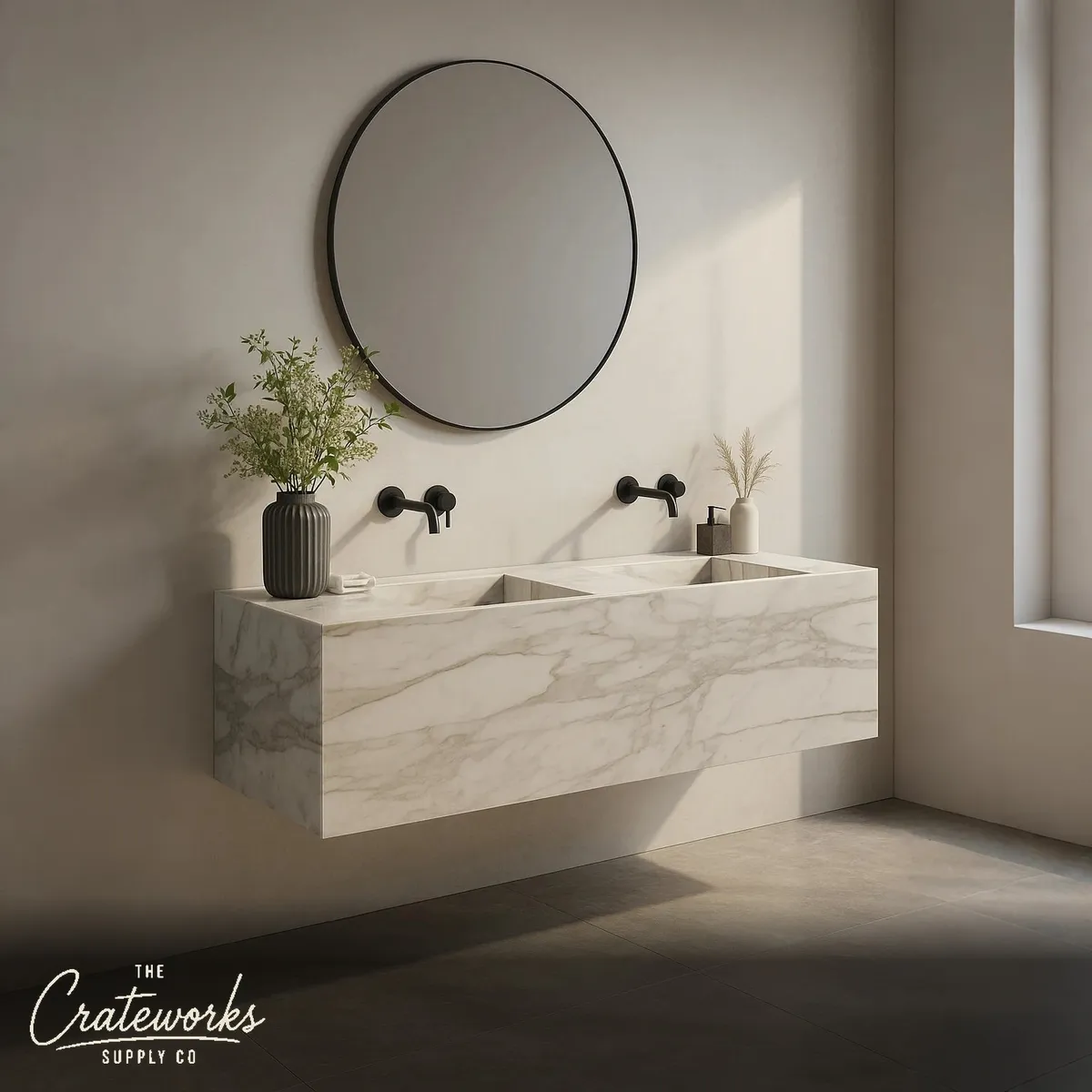 Marble vanity top with double sink and custom drawers