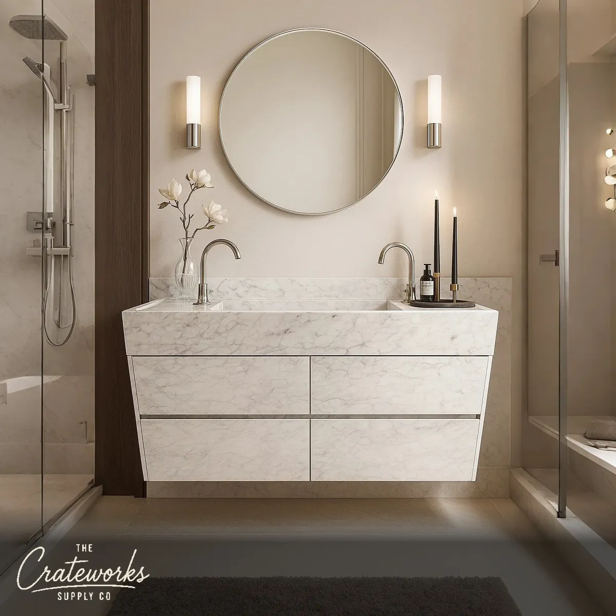 Floating Marble Vanity with custom drawers Italy Arabescato Marble