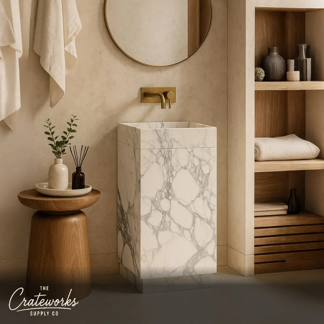 Marble Pedestal Sink with drawer Italy Arabescato Marble
